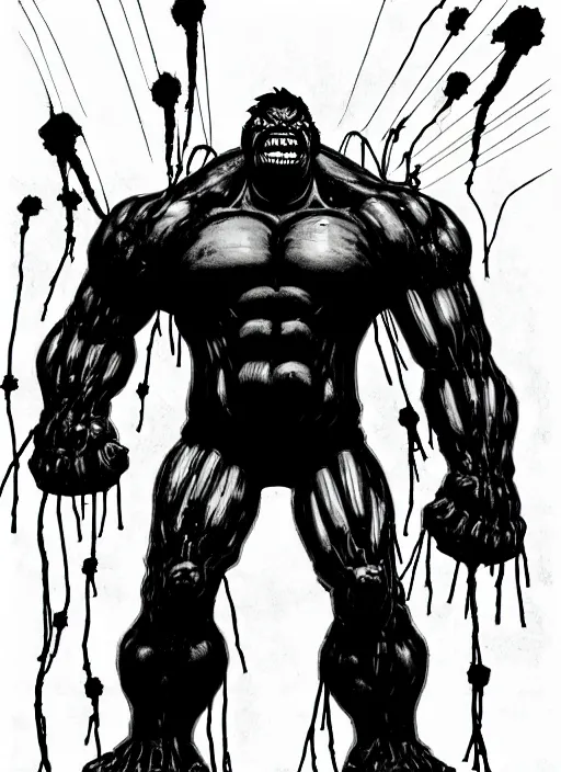 Image similar to black and white hulk with wires screaming in nuclear explosion, by tsutomu nihei, black and white, no color, destroed cybernetic city background