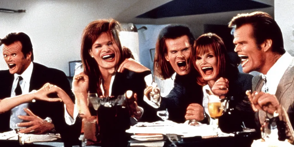 Prompt: still frame of Geena Davis, Roger Moore and Jim Carrey in Pulp Fiction laughing hysterically over a joke