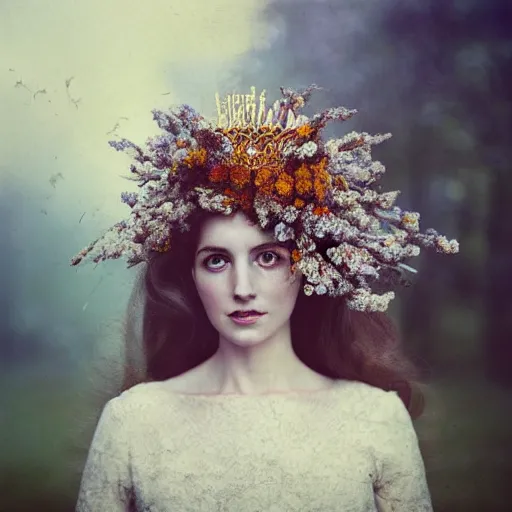 Image similar to fine art photo of catherine diana ; princess of wales, she has a crown of dried flowers, by oleg oprisco