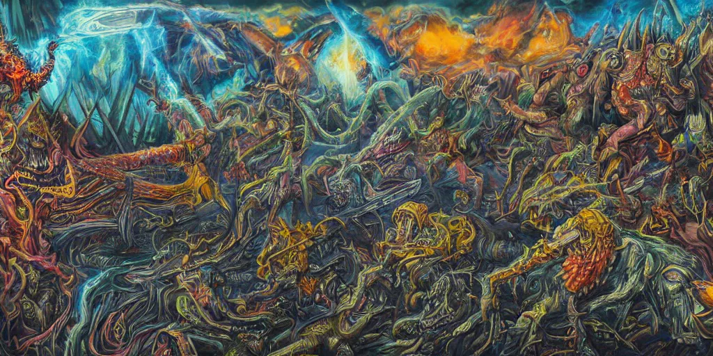 Image similar to a high hyperdetailed painting of the war between the monsters of reason vs the monsters of imagination, the merging of determined and undetermined worlds horror and spiritual fantasy creatures, as dichotomies are broken in search of elevation psychedelic surreal magical dystopian technological utopian psycho spiritual art, anarchist art chaotic fulcolor