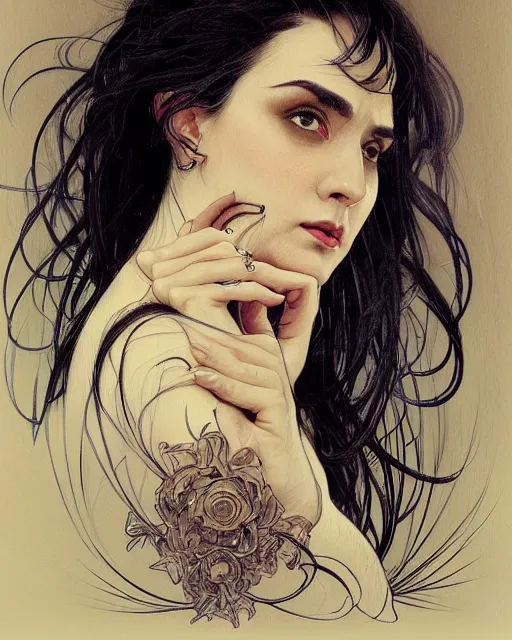 Prompt: portrait of a tall 4 0 - year - old woman with thin lips, long, voluminous black hair, and thick eyebrows, wearing in black clothes, hyper realistic face, beautiful eyes, close up, fantasy art, in the style of greg rutkowski, intricate, alphonse mucha, hyper detailed, smooth