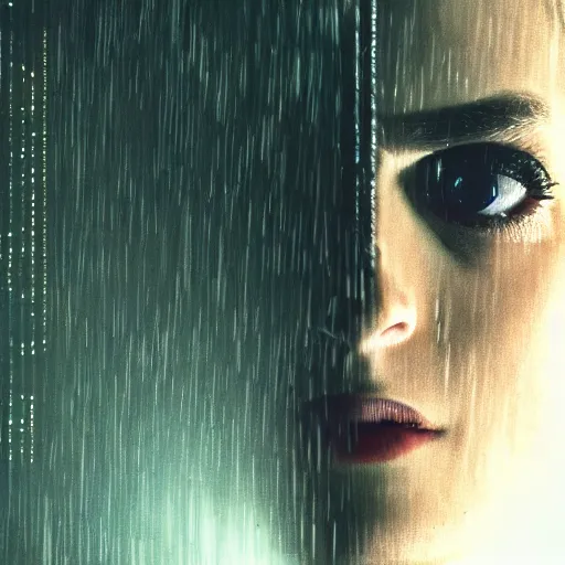 Image similar to cinestill 5 0 d candid photographic portrait by jean - luc godard of a retro - futurist android, closeup, modern cyberpunk moody emotional cinematic, pouring rain menacing lights shadows, 8 k, hd, high resolution, 3 5 mm, f / 3 2, ultra realistic faces, ex machina, blur, unframed