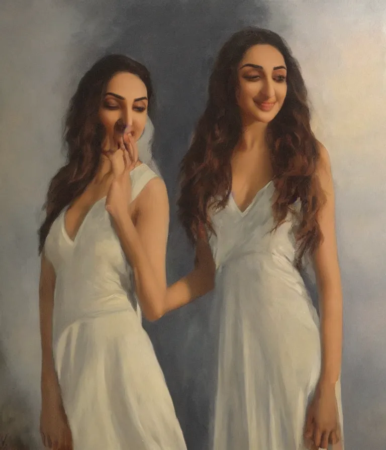 Image similar to Kiara Advani in V-neck dress. history painting, dusk, flowy dress Kiara Advani, artstation, oil on canvas, by Albert Aublet, Private Collection