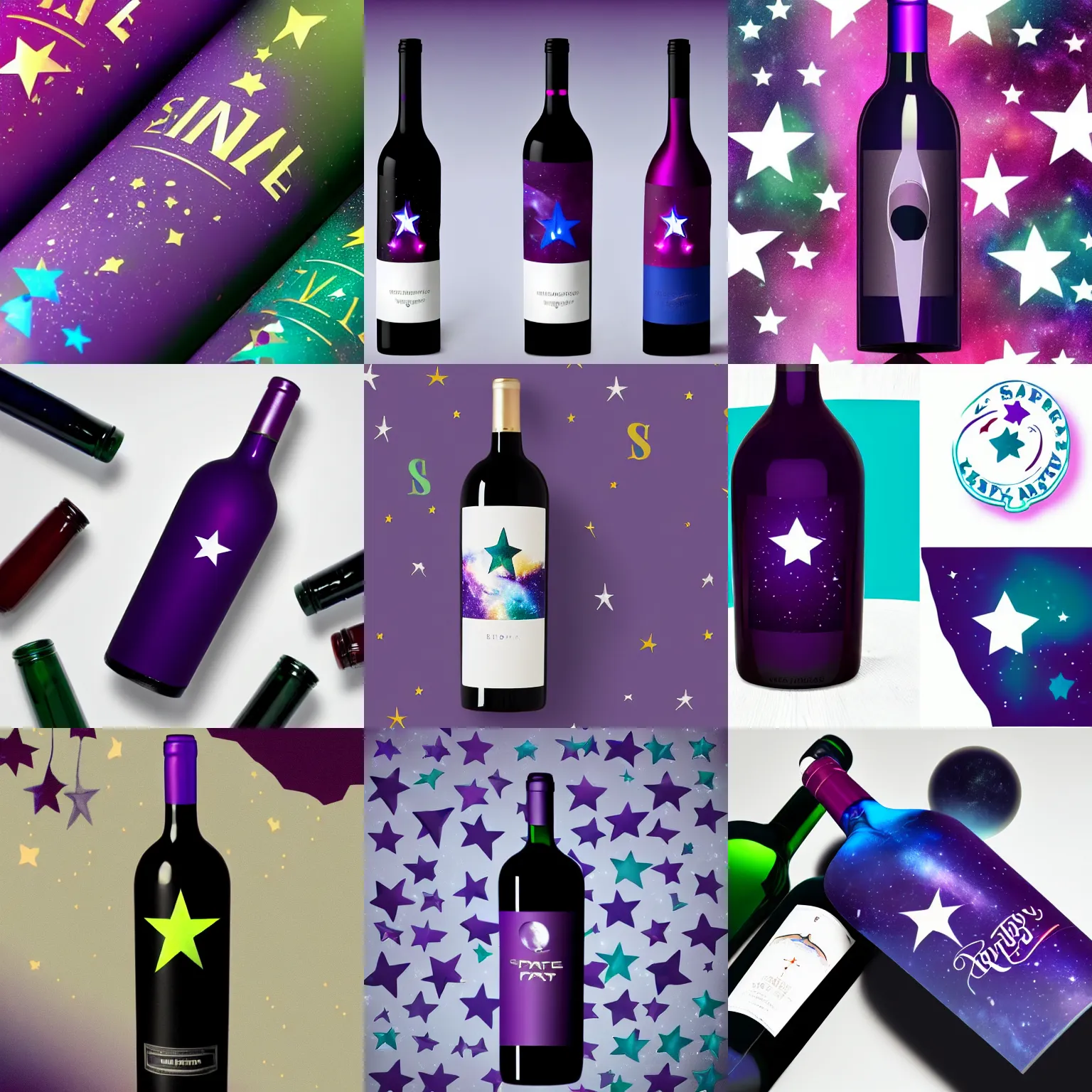 Prompt: wine bottle. space themed brand. modern label. purple, blue, and dark green color scheme. stars. win photography.