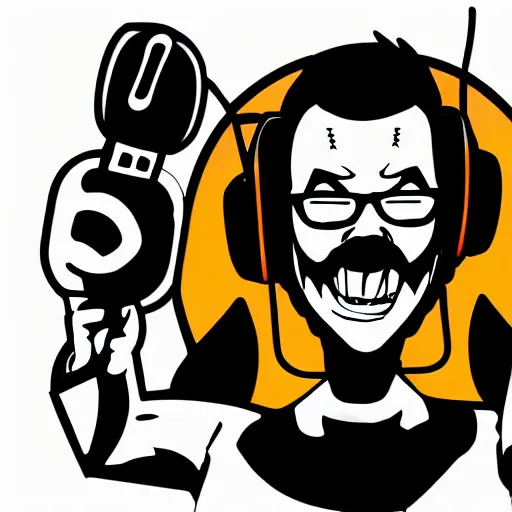 Image similar to svg vector sticker of absolutely insane-mad-scientist-villain, rocking out, wearing headphones, huge speakers, dancing, rave, DJ, spinning records, digital art, amazing composition, rule-of-thirds, award-winning, trending on artstation, featured on deviantart