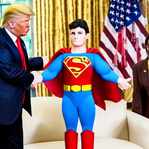 Image similar to donald trump shakes hands with superman