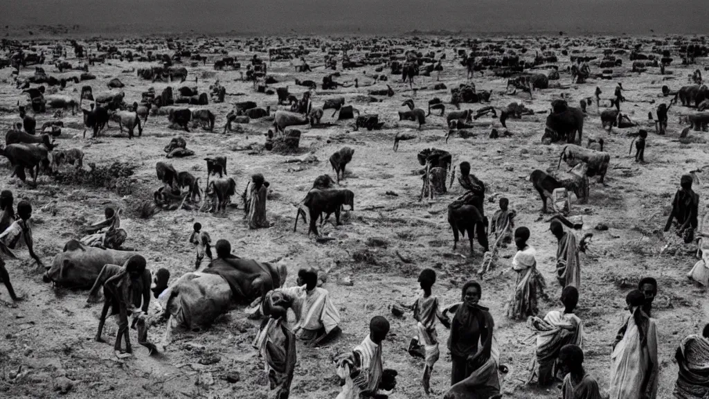 Prompt: 1 9 8 4 famine and drought in ethiopia, in the cover of new york times, wide - angle, dark, moody, 8 k