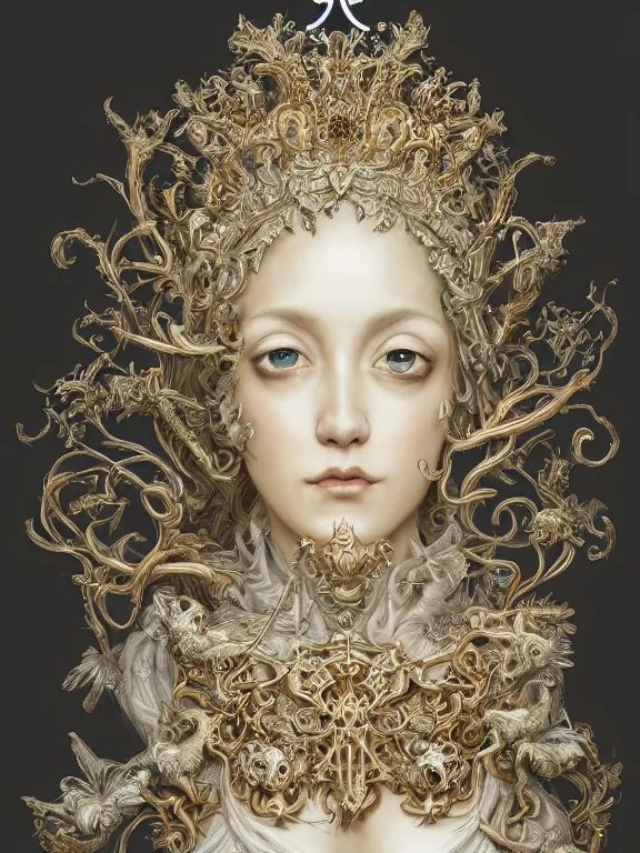 Image similar to a beautiful render of rococo catholic veiled queen with symmetry intricate detailed,by Nekro and aaron horkey and peter gric and Cedric Peyravernay and Billelis,Trending on artstation,ZBrush,masterpiece,maximalist,glittering,gold,silver，ivory,hyperreal