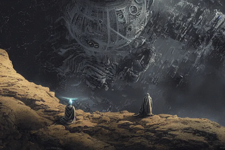 Prompt: a monk looking from a cliff at a huge alien spacecraft in the distance, black giger alien architecture, planets, cosmic, nebula highly detailed, vivid color, cinematic lighting, perfect composition, rainbowshift, sharp focus, 8 k, h. r giger, derek zabrocki, greg rutkowski, sangyeob park, maxfield parrish, octane render