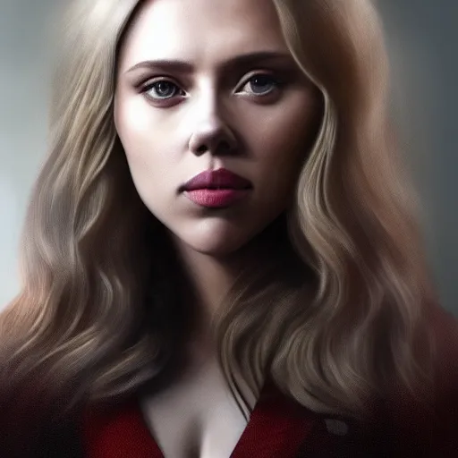 Image similar to Scarlett Johansson and Elizabeth Olsen crossbreed, illustrated and rendered by Xie Boli, trending on artstation, 4k, 8k, photorealistic imagery, photorealistic details, intricate, highly detailed