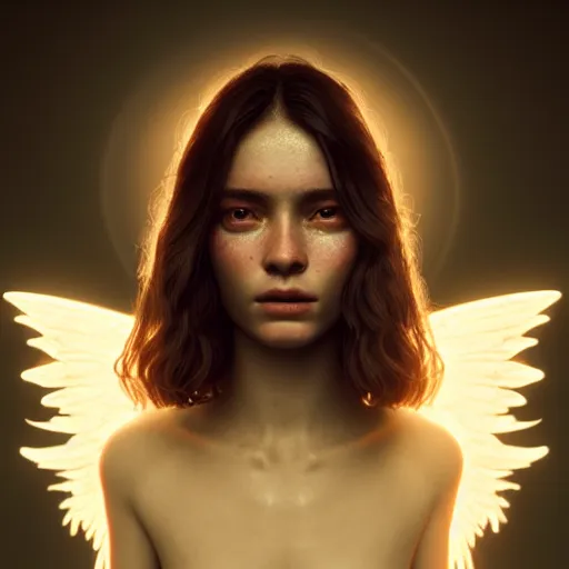 Image similar to portrait art of female angel by alessio albi 8 k ultra realistic, angel wings, lens flare, atmosphere, glow, detailed, intricate, full of colour, cinematic lighting, trending on artstation, 4 k, hyperrealistic, focused, extreme details, unreal engine 5, cinematic, masterpiece