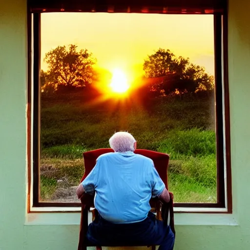 Prompt: A very old man, sitting in a chair in front of a window, looking out at a beautiful sunset award winning photograph