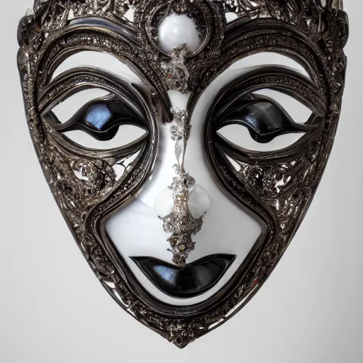 Image similar to photography of a venetian woman mask sculpted in white opalescent marble, with lots of thin ornaments, fractal art, intricate, 8 k, white box, cinematic light