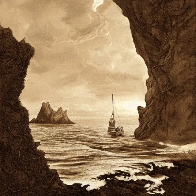 Image similar to photorealistic sepia painting of a 1 9 2 0 s fishing boat sailing in front of a tropical island cliff with the mouth of a grotto at the waterline, dark, brooding, atmospheric, lovecraft, by dave dorman