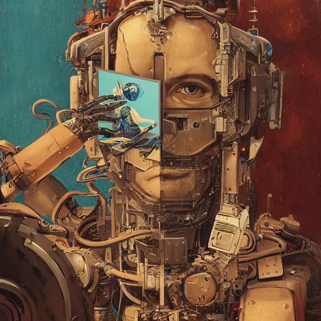 Image similar to robot artist painting a self - portrait on a canvas. intricate, highly detailed, digital matte painting, in the style of alexandros pyromallis, and in the style of sachin teng, and in the style of hans thoma, and in the style of siegfried reinhardt. irony, recursion, inspiration.