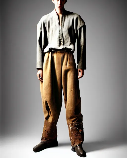 Image similar to an award - winning photo of an ancient male model wearing a plain boot cut flared distressed medieval designer menswear trousers designed by issey miyake, 4 k, studio lighting, wide angle lens, 2 0 0 4