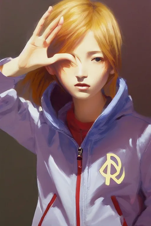 Image similar to A ultradetailed beautiful panting of a stylish girl doing the peace sign, she is wearing an oversized Nike jacket, Oil painting, by Ilya Kuvshinov, Greg Rutkowski and Makoto Shinkai