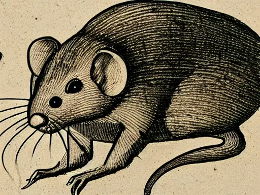 Image similar to highly detailed technical drawing of a rat, schematic, blueprint, pencil, sepia, old paper, art by leonardo da vinci