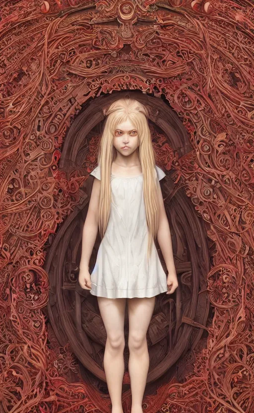 Image similar to full body shot of a young girl with blond twin tail hair and red eyes standing in front of a white wall, intricate details, eerie, highly detailed, photorealistic, octane render, 8 k, unreal engine, art by artgerm and greg rutkowski and alphonse mucha