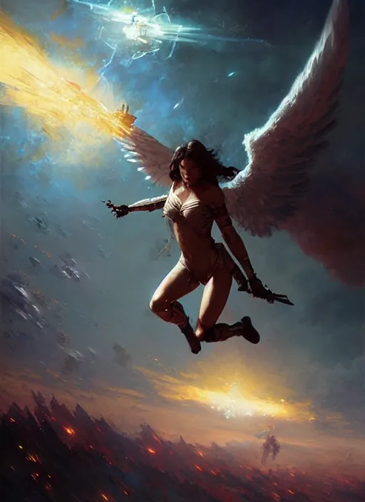 Prompt: 4k Angel coming down to save humanity , art by greg rutkowski, art by craig mullins, art by thomas kincade, art by Yoshitaka Amano