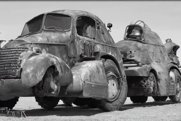 Image similar to mia and tia from the movie cars as war machines. photograph 35mm. ww2 footage. black and white.