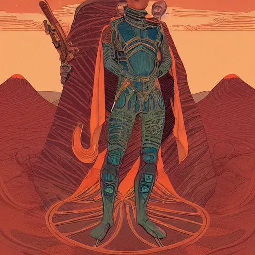 Prompt: majestic dune themed paul atreides messianic tarot card by sachin teng, moebius, artgerm, alphonse mucha, masterpiece, organic painting, matte painting, futuristic geometrical drawing shapes, desert ambience, hard edges, graffiti, poster art by sachin teng