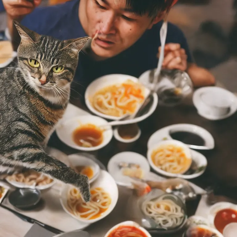 Prompt: photo of a brownish gray tabby cat eating ramen in san francisco, cinestill 8 0 0 t film, cinematic, 4 0 mm f / 2. 8