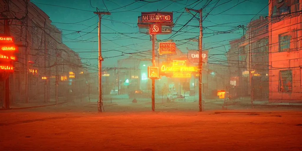 Image similar to photo of city street neon on mars, norilsk st. petersburg city, telephoto, anamorphic cinematography, beautiful composition, color theory, leading lines, photorealistic, moody volumetric lighting