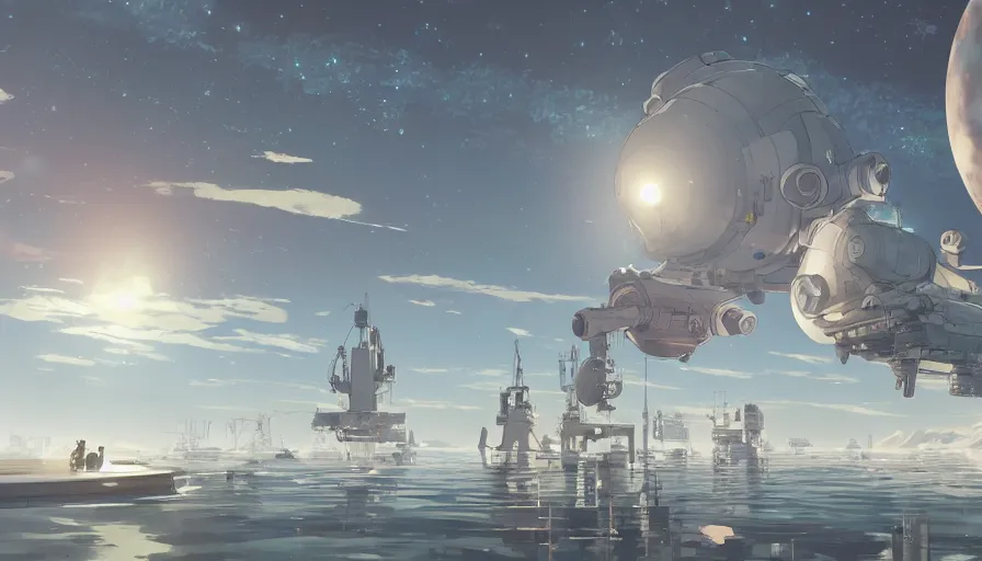 Image similar to orbital shipyards in mars orbit, wide angle lens, serene evening atmosphere, soft lens, soft light, cel - shading, animation, in the style of cgsociety, deviantart, artstation, zbrush, cinema 4 d, studio ghibli, akihiko yoshida, atelier lulua, masamune shirow