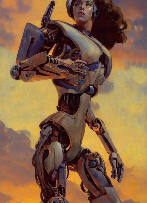 Image similar to biblical mecha slim female, dynamic pose, in clouds, sunset, big eyes, portrait by mikhail vrubel, studio lighting, muted colors, by frank frazetta, extreme detail, reflections, trending on artstation, 8 k