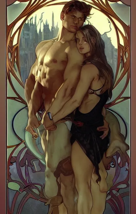 Image similar to pretty muscular sam and dean winchester as a character in romance book art design, character concept, sharp focus!, ultra detailed, art by artgerm alphonse mucha, wlop