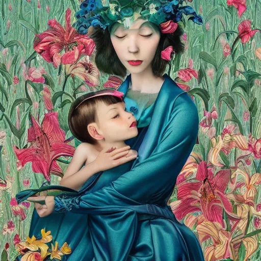 Image similar to pretty mother with child in arm with lilies : : by martine johanna and simon stalenhag and chie yoshii and casey weldon and wlop : : ornate, dynamic, particulate, rich colors, intricate, elegant, highly detailed, vogue, harper's bazaar art, fashion magazine, smooth, sharp focus, 8 k, octane render