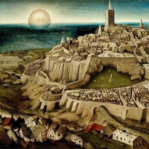 Image similar to Minas Tirith by Bruegel, oil-painting, masterpiece