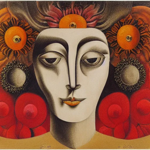 Image similar to floral face portrait by leonetto cappiello and wojciech siudmak and ernst fuchs, anni albers, oil on canvas