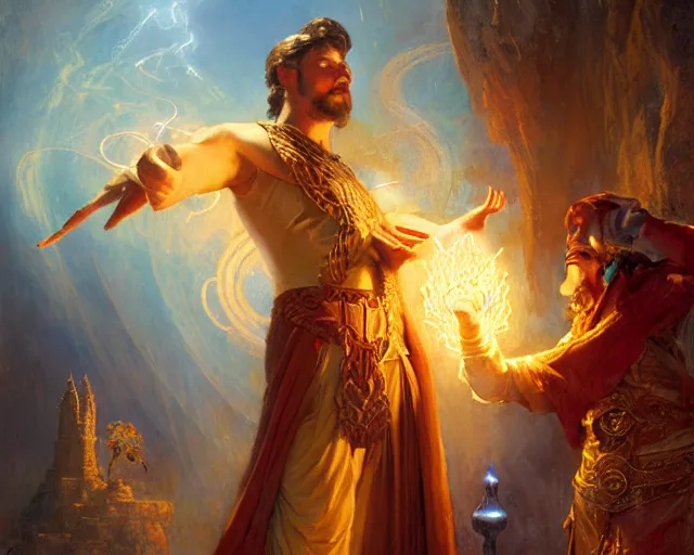 Image similar to attractive wizard man, casting light magic, summoning a handsome deity. highly detailed painting by gaston bussiere, craig mullins, j. c. leyendecker 8 k