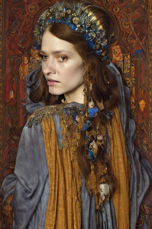 Image similar to coronation portrait of the last queen of the dawn mountains, by Donato Giancola and Annie Swynnerton and John Bauer and John William Godward and Vermeer, embroidered velvet, iridescent beetles, rich color, ornate headdress, flowing robes, lost runes, ancient civilizations, dramatic cinematic lighting, featured on Artstation, cgisociety, unreal engine, extremely detailed