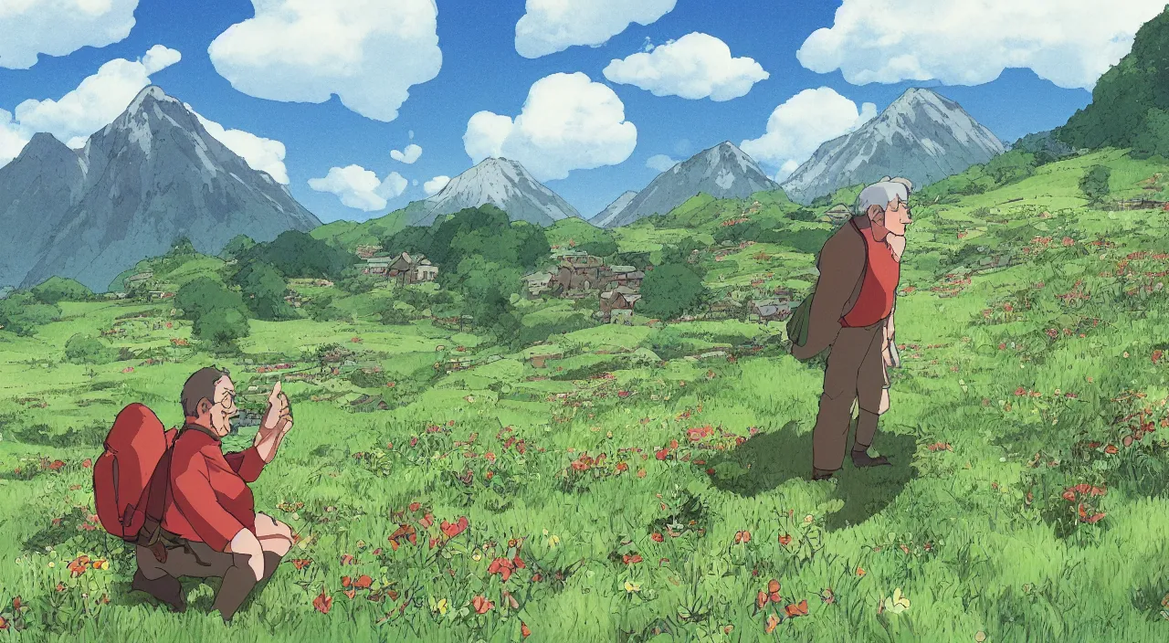 Prompt: (illustration) of Robin Williams, by (((Studio Ghibli))), village, grassfields and mountains, sharp focus, concept art, smooth