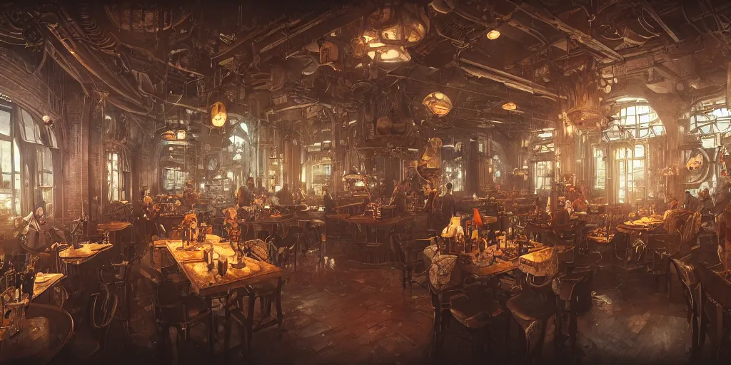 Image similar to Steampunk restaurant overview mapa design, Moebius, Greg Rutkowski, Zabrocki, Karlkka, Jayison Devadas, Phuoc Quan, trending on Artstation, 8K, ultra wide angle, pincushion lens effect