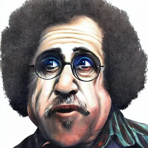 Image similar to danny DeVito dressed as a bob ross 1970s street artist, realism, detailed