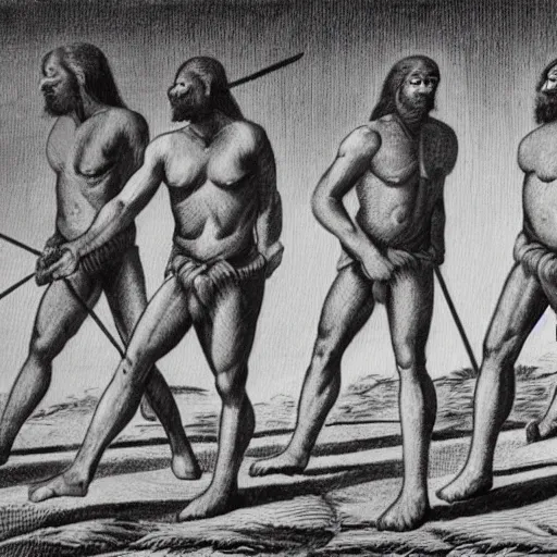 Prompt: a group of / homo erectus / walking with spears