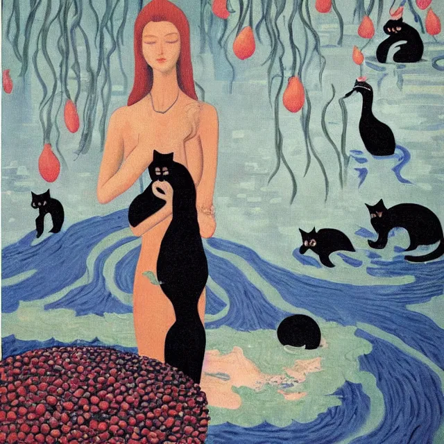 Image similar to tall female catgirl artist holding a black cat in her flooded apartment, pomegranates, octopus, water gushing from ceiling, painting of flood waters inside an artist's apartment, a river flooding indoors, mushrooms, ikebana, zen, rapids, waterfall, black swans, canoe, berries, acrylic on canvas, surrealist, by magritte and monet