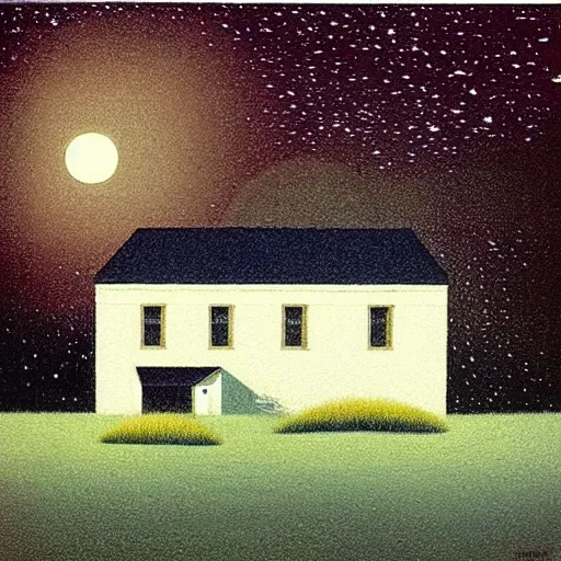 Image similar to painting by by Quint Buchholz, atmospheric cozy futuristic organic white concrete house in the middle of a lush and dense forest at night, a beautiful lake next to it, night time, night sky, starry night sky, by Quint Buchholz