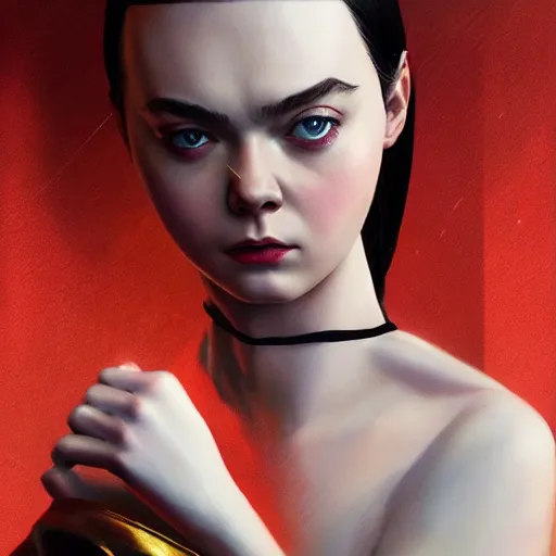 Image similar to portrait of modern darna, elle fanning in prey, intricate, elegant, dark vibes, highly detailed, digital painting, artstation, glamor pose, concept art, smooth, sharp focus, illustration, art by wlop, mars ravelo and greg rutkowski