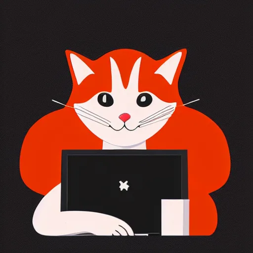 Prompt: happy red - haired cat using a computer, viewed while eating a banana, black background, retro design, high quality detailed image