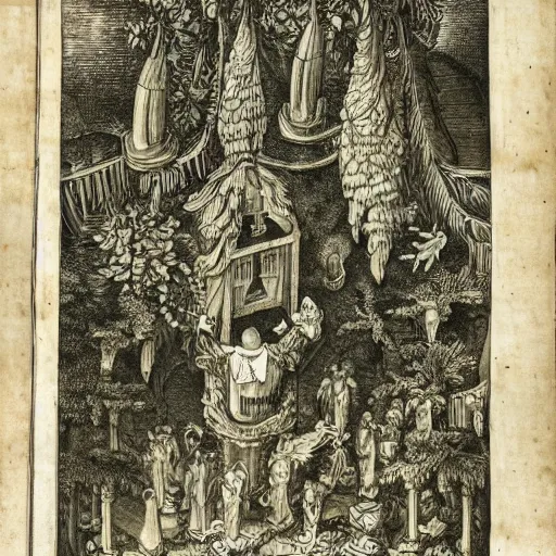 Prompt: a overhead view of a man in castle in the jungle getting praised and fanned by angels with fruits, etching, detailed, golden furniture, nuremberg chronicle,