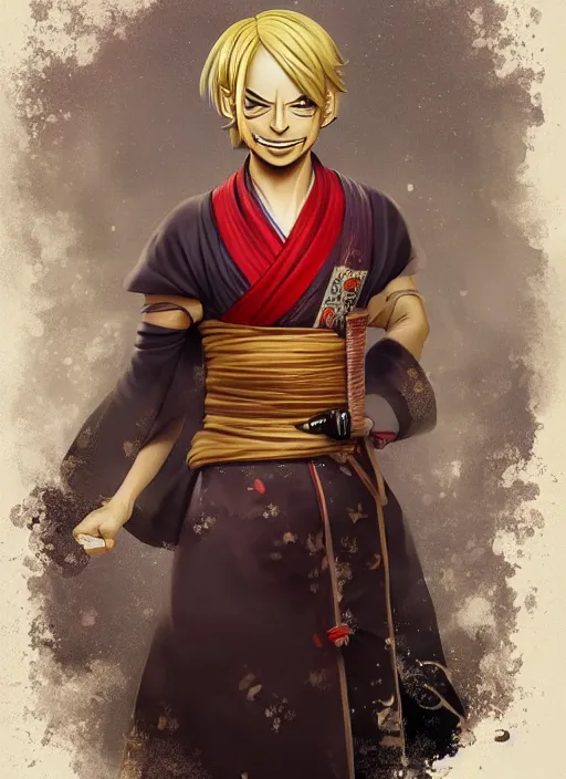 Prompt: a portrait of Sanji if he was real, wearing a traditional samurai dress, intricate, highly detailed, digital painting, artstation, concept art, smooth, sharp focus, illustration, art by Charlie Bowater and Gustave Baumann, matte painting