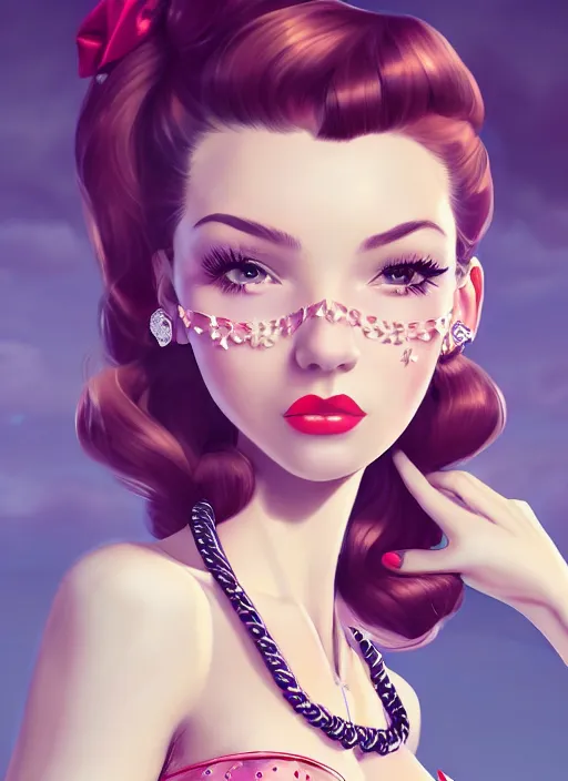 Prompt: a pin up and beautiful fashion dreamlke girl with lv jewelry, character art, art by artgerm, wlop, loish, hyperdetailed, 8 k realistic, symmetrical, global illumination, radiant light, frostbite 3 engine, cryengine, dof, trending on artstation, digital art, chanel, dior, detailed background