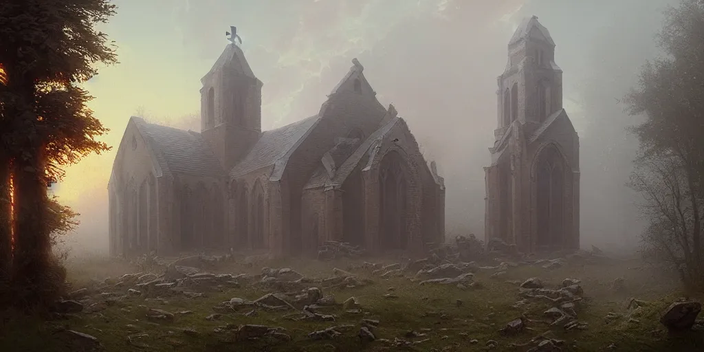 Prompt: An ancient church in ruins, covered in mist by Simon Stålenhag and Thomas Kinkade