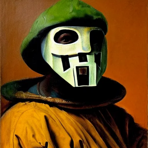 Prompt: high quality celebrity painting of rap artist mf doom by the old dutch masters, marijuana leaves in background, rembrandt, hieronymous bosch, frans hals