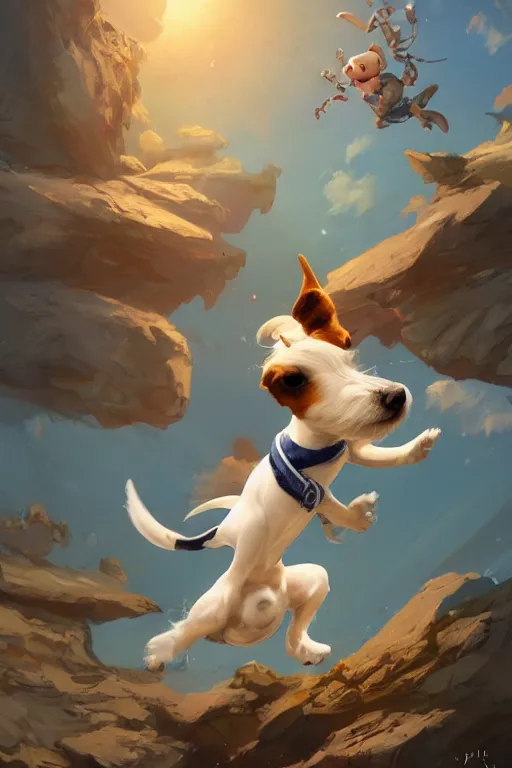 Image similar to adorable jack russel terrier jumping in the air, wide angle fantasy art, artstation character design contest winner, trending on cgsociety, concept art, speedpaint, beautiful digital art, jesper ejsing, james jean, justin gerard, fenghua zhong, makoto shinkai, highly detailed